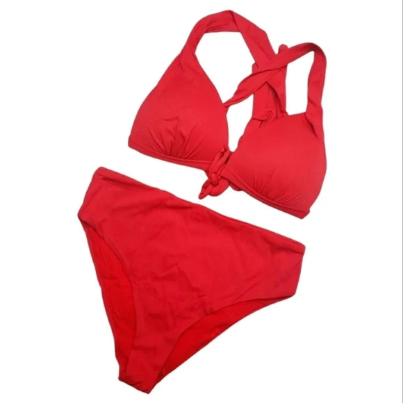 Quintsoul NWOT Ribbed Red Busty Halter Bikini Highrise  Bottoms Size Small - Picture 2 of 13